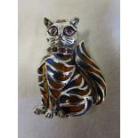 Silver & champlevé enamel stone set cat brooch