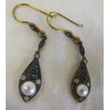 Pair of sapphire, pearl & diamond earrings