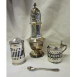 Hallmarked silver Sugar & pepper shakers with mustard pot - Approx silver weight 158g