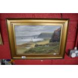 Watercolour - Coastal scene by M Caine (Image size 44cm x 29cm)