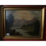 Oil on canvas - Lake scene - Indistinct signature (Image size 39.5cm x 37cm)