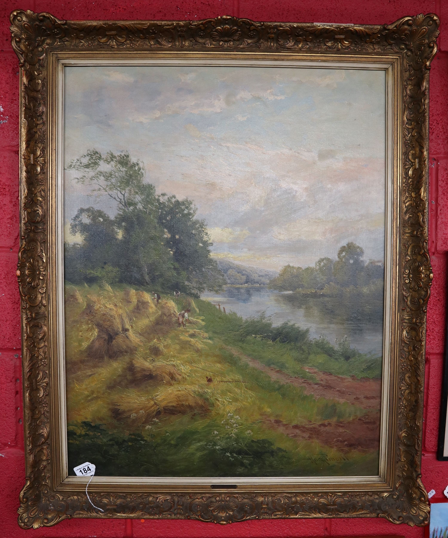 Large oil on canvas - River scene by H Pinnell (Image size 69cm x 88.5cm)