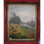 Large oil on canvas - River scene by H Pinnell (Image size 69cm x 88.5cm)