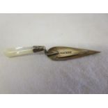Hallmarked silver bookmark in shape of trowel with mother of pearl handle