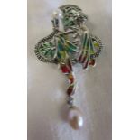 Silver & champlevé enamel pearl drop pendant / brooch