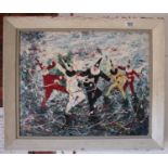 Interesting oil of clowns on canvas (Image size 58.5cm x 47cm)