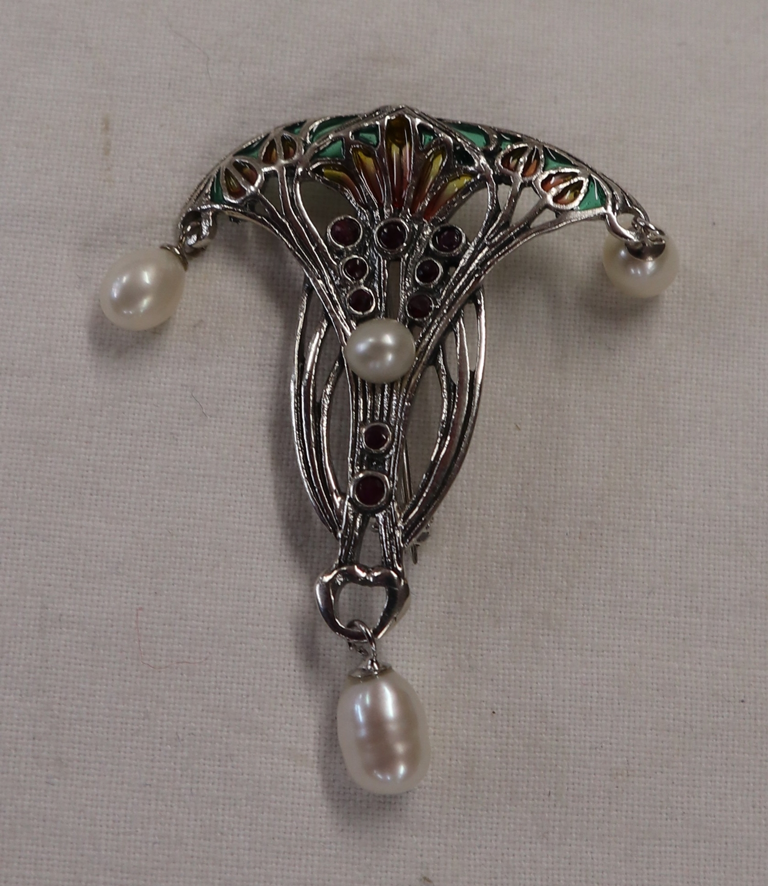 Silver Art Nouveau style champlevé enamel stone set brooch