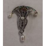 Silver Art Nouveau style champlevé enamel stone set brooch