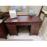 Mahogany leather topped pedestal desk - W: 137.5cm D: 76cm H:79cm