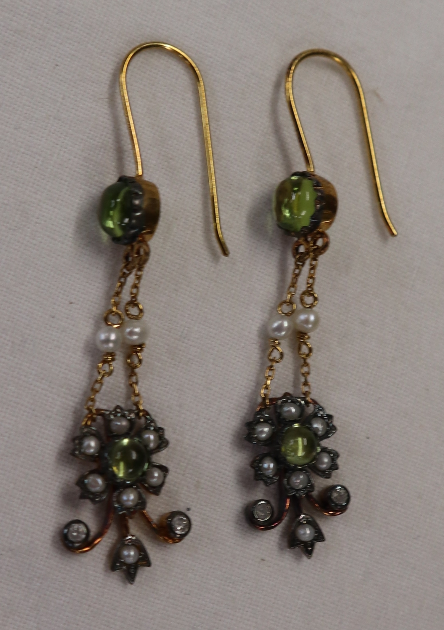 Pair of peridot, pearl & diamond earrings