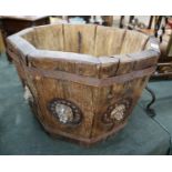 Half barrel coopered planter with carved lion head detail - Approx H: 41cm x D: 62cm
