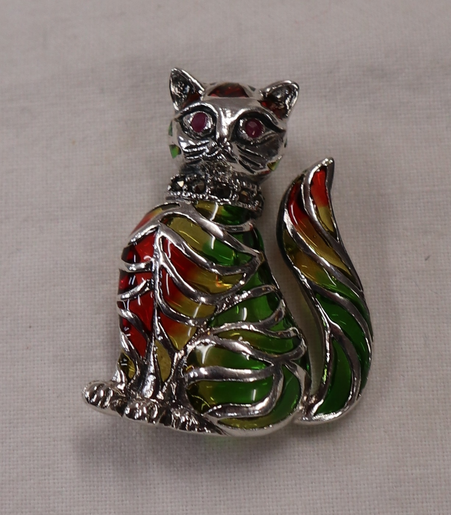 Silver champlevé enamel stone set cat brooch