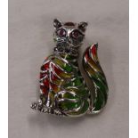 Silver champlevé enamel stone set cat brooch