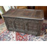 17C carved oak coffer - W: 126.5cm D: 65cm H: 71cm