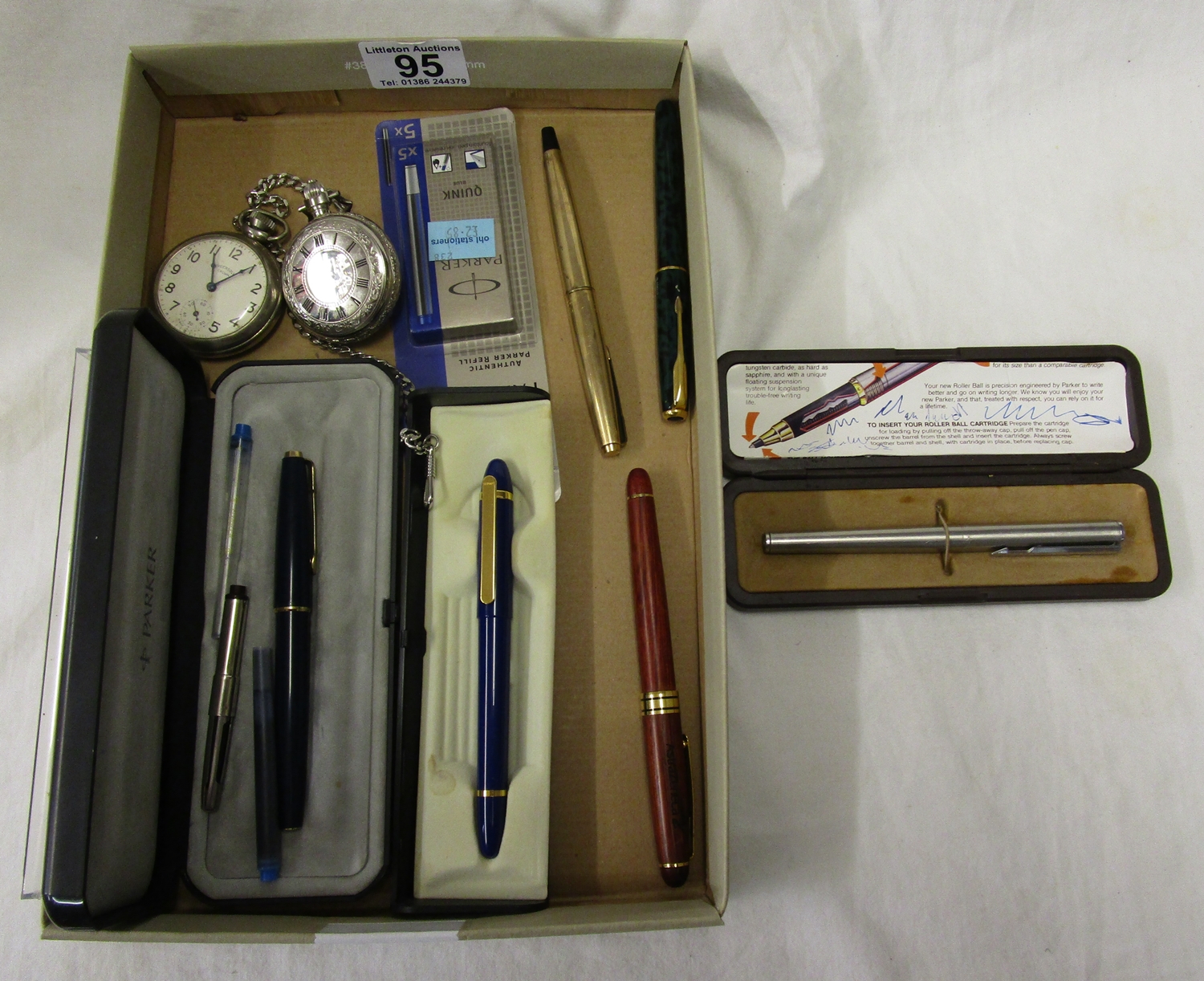 Box of pens & 2 fob watches