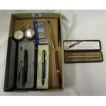 Box of pens & 2 fob watches