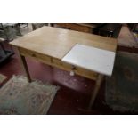 Rustic pine 2 drawer kitchen table with marble insert - L: 122cm W: 76cm H: 76cm