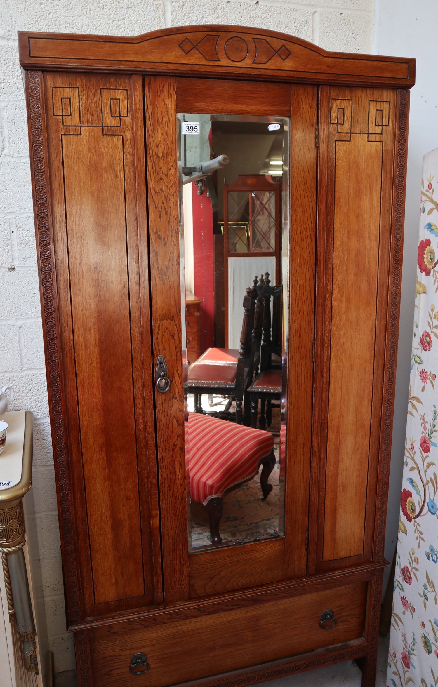 Early 20C gents wardrobe with bevelled glass mirror - W: 94cm D: 40cm H: 191cm