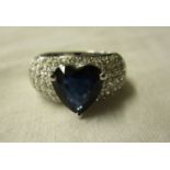 18ct white gold heart shaped sapphire & diamond encrusted ring