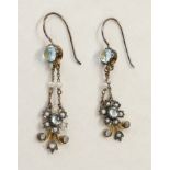 Pair of blue topaz, pearl and diamond earrings