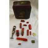 Oriental seal & early sticks of red wax in old tin