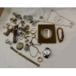 Box of costume jewellery to include picture frame & watches