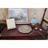 Brass dressing table mirror, hanging lamp and tray