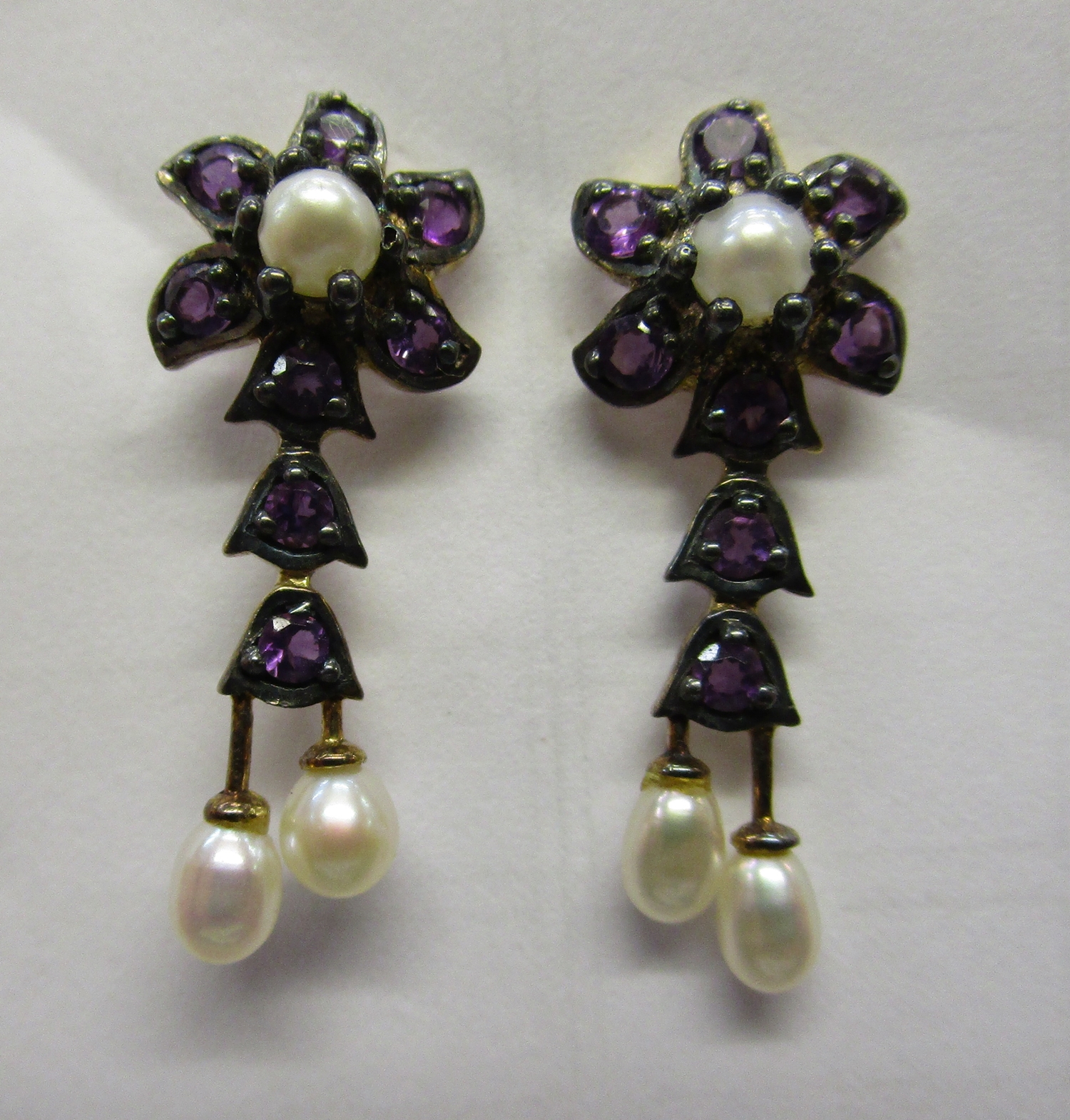 Pair of amethyst & pearl drop earrings