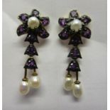 Pair of amethyst & pearl drop earrings