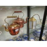 2 copper & brass kettles & hanging light