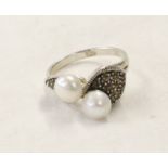 Silver pearl & marcasite ring