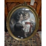 Print of mother & girl in oval gilt frame