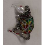 Silver champlevé enamel stone set rat brooch