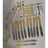 Collection of bone handled silver fish knives and forks to include 1 silver plate