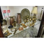 Shelf of metalware to include brass & copper