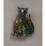 Silver champlevé enamel cat brooch