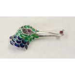 Silver, champlevé enamel & stone set crane brooch