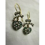 Pair of emerald, pearl & diamond heart shaped earrings