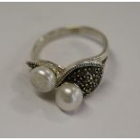 Silver marcasite & pearl ring