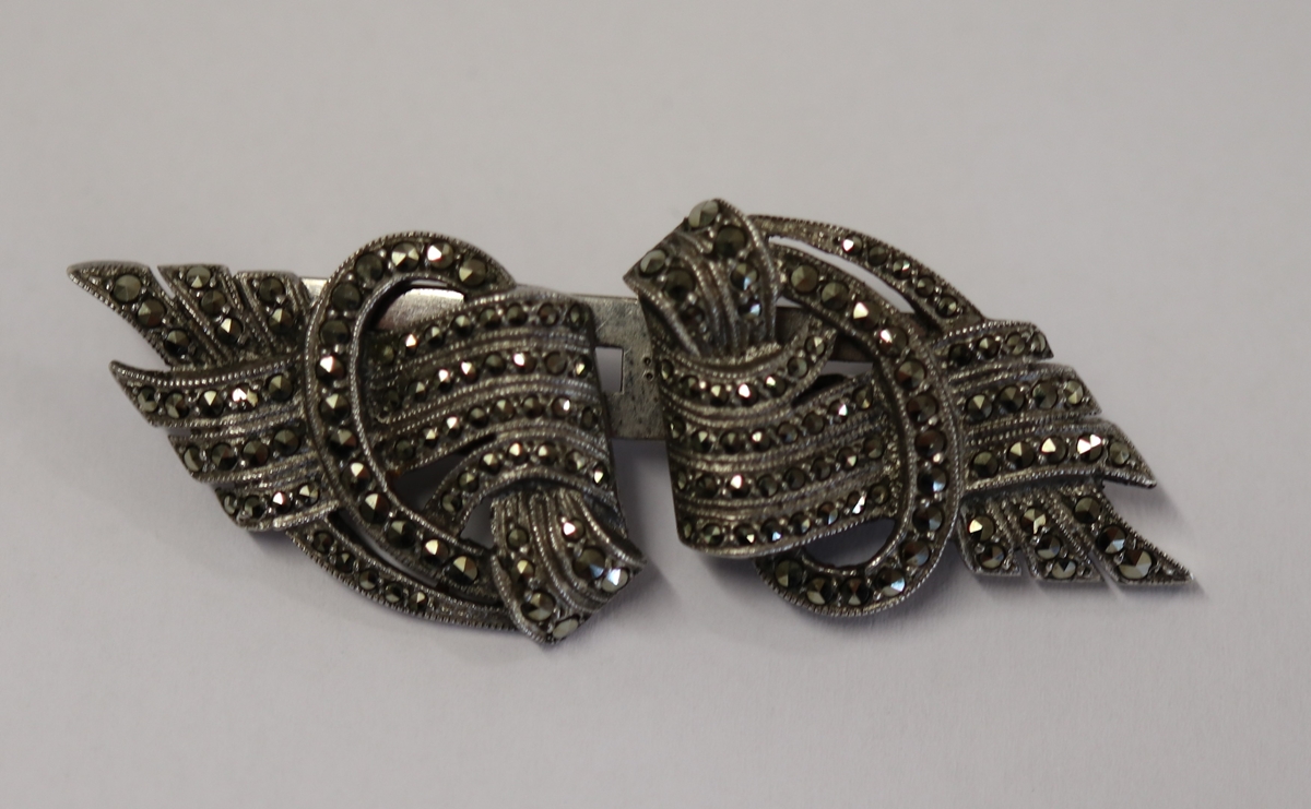 Art Deco silver & marcasite double clip brooch