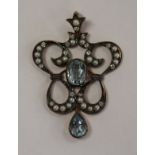 Blue topaz, pearl & diamond pendant