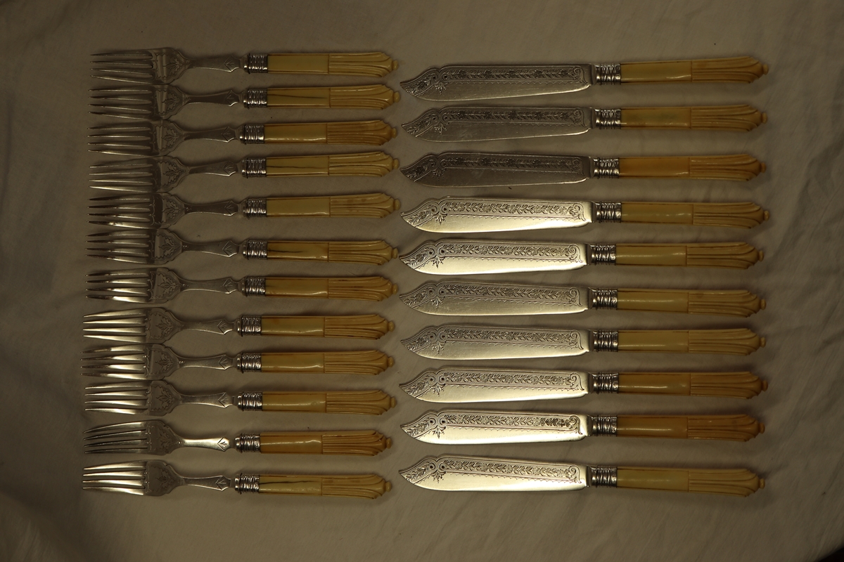 Bone handled & silver mounted fish knives & forks