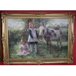 Large oil on canvas - Girls with Donkey signed R Kitchen - Image size: 105.5cm x 70cm