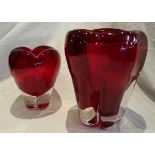 2 cased ruby red Whitefriars Molar vases designed by Geoffrey Baxter