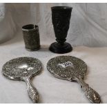 Collection of metalware to include 2 mirrors & interesting goblet