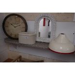 Clock, mirror, 2 light shades & tin