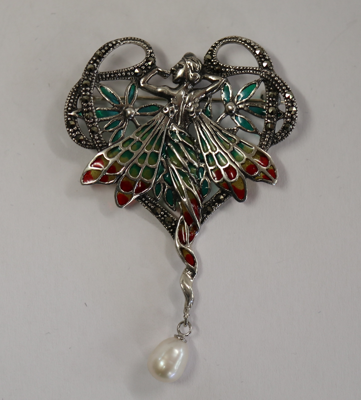 Silver & champlevé enamel Art Nouveau style pendant brooch