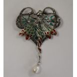 Silver & champlevé enamel Art Nouveau style pendant brooch