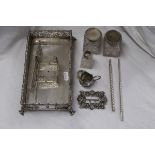 Hallmarked silver belt buckle & heavy hallmarked silver tray, S Mordan & Co quill pens etc