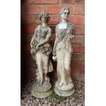 2 stone statues of ladies - H: 69cm tallest